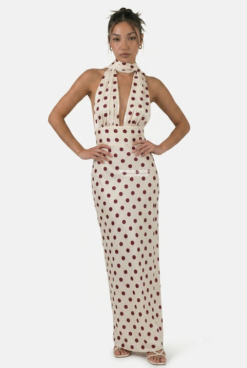 Robe midi dos nu à pois blancs