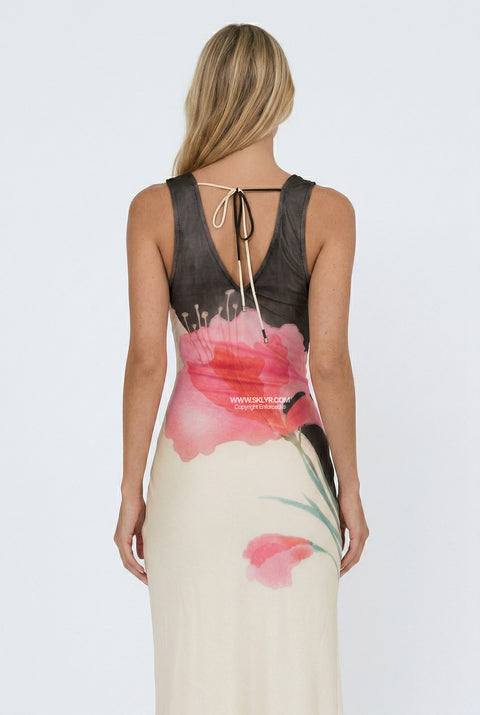 Robe longue à encolure en V Ivory Botanical