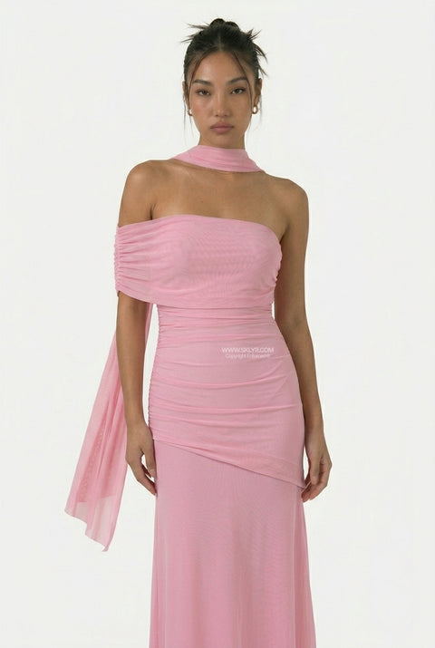 Robe longue à volants superposés blush