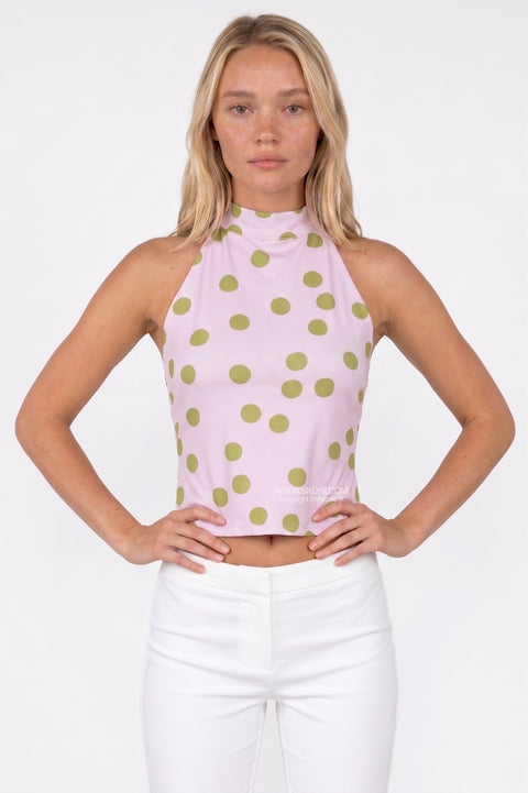 Crop top lilla e verde a pois con collo alto