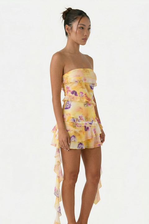 Robe bustier courte à volants florale jaune