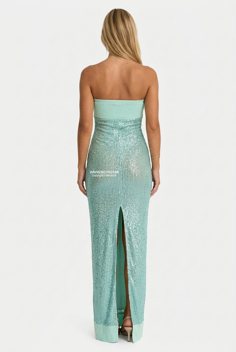 Abito lungo senza spalline con paillettes color menta