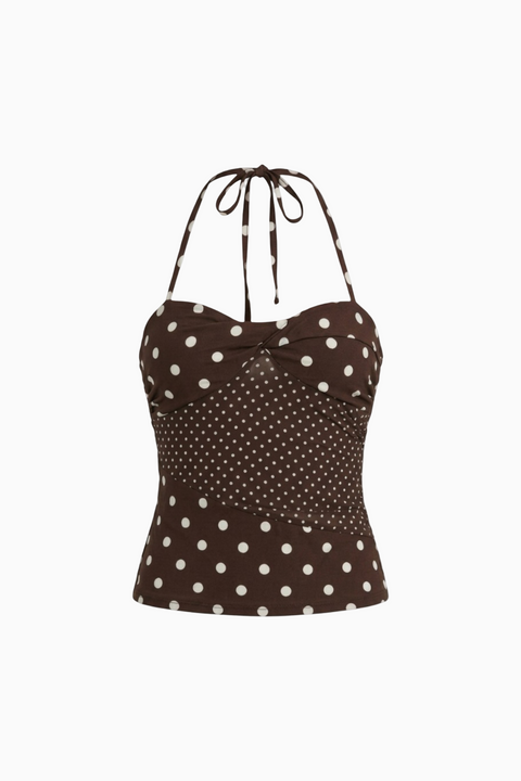 Top cai-cai com decote coração, bolinhas e alças halter