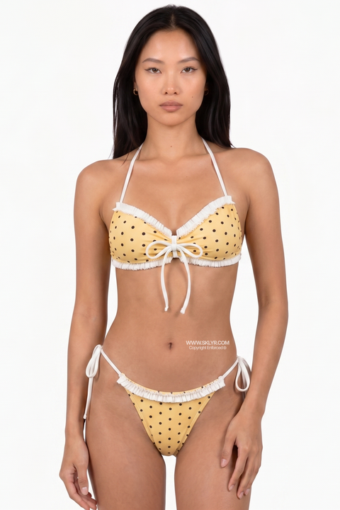 Bikini à volants à pois jaunes à nouer sur les côtés