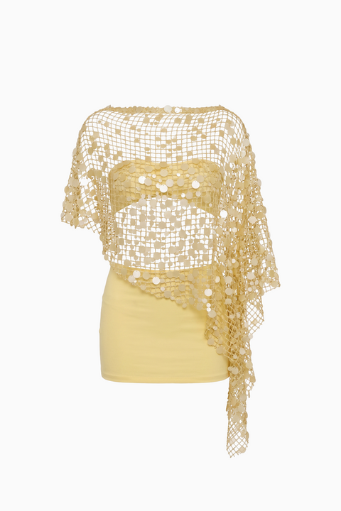 Ensemble haut de plage et mini-jupe à sequins en maille ajourée