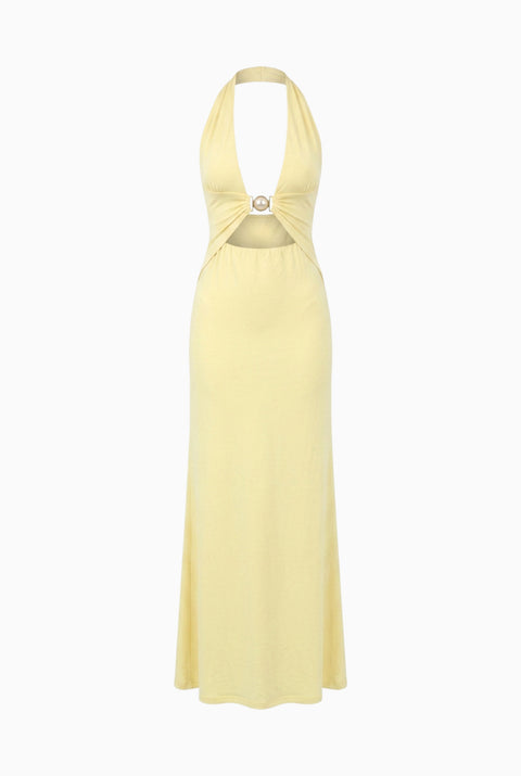 Robe longue jaune à dos nu et découpes