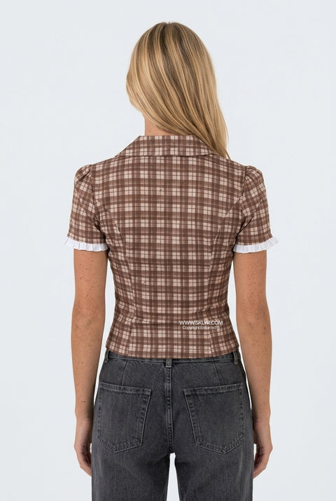 Top curto castanho aos quadrados Vichy