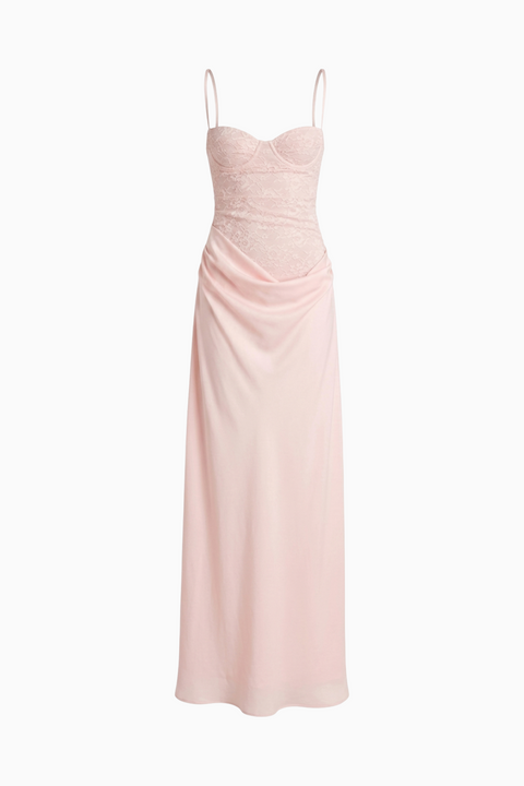 Vestido maxi tipo combinação com textura de renda branco-marfim