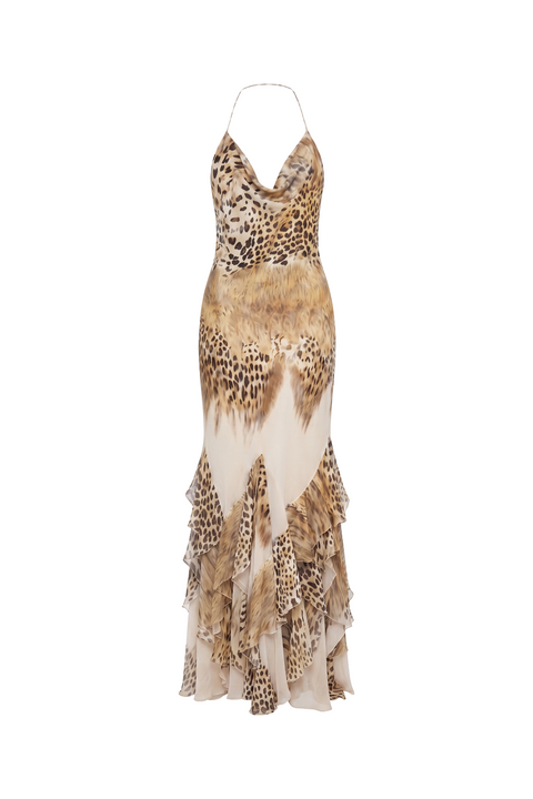 Robe longue léopard à volants et dos nu