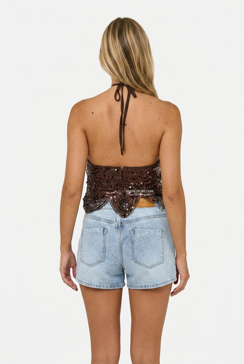 Top castanho de malha aberta com alças halter