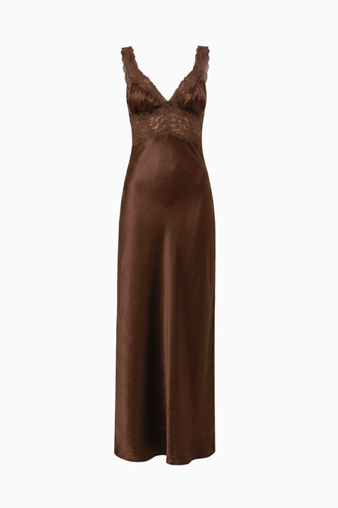 Vestido maxi castanho-chocolate acetinado com acabamento em renda