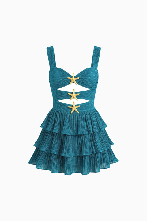 Rostrotes Minikleid mit Seestern-Ausschnitt und Rüschen