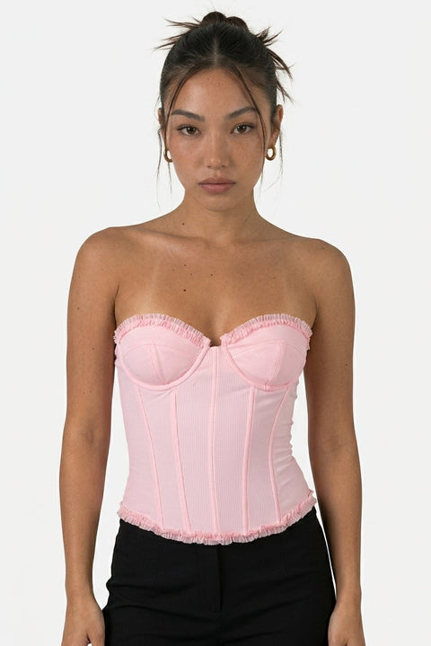 Top bustier in raso rosa a fiori