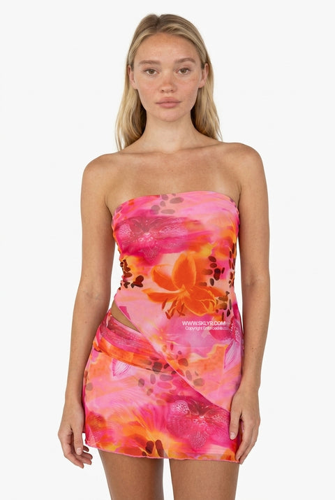 Conjunto a condizer cor-de-rosa e laranja sem alças