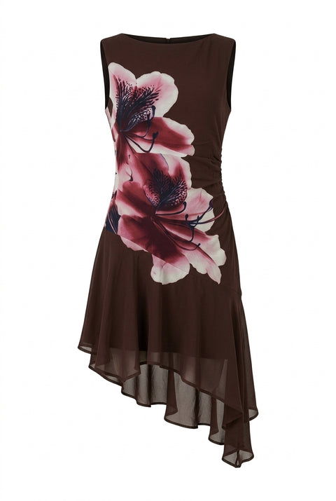 Vestido midi assimétrico castanho-chocolate com folhos e hibiscos