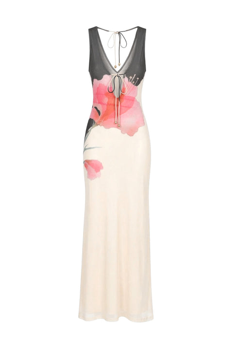Robe longue à encolure en V Ivory Botanical