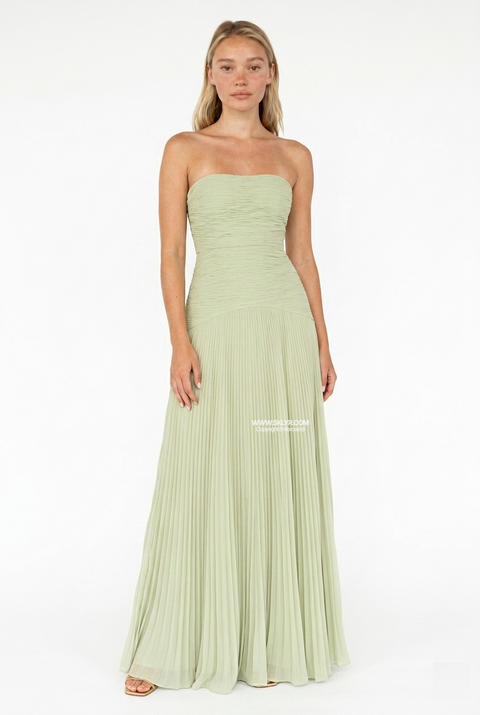 Blassgrünes trägerloses Plisseekleid aus Chiffon