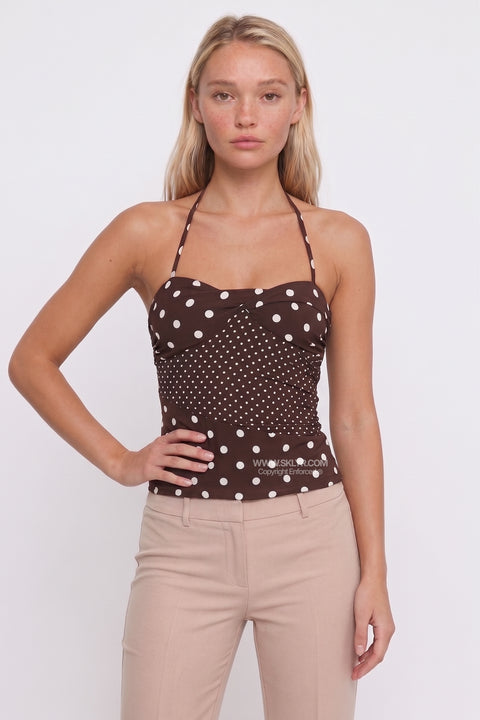 Top cai-cai com decote coração, bolinhas e alças halter