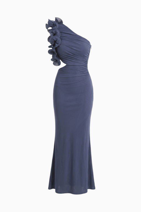 Navy Blue One-Shoulder Ruffle Maxi Dress