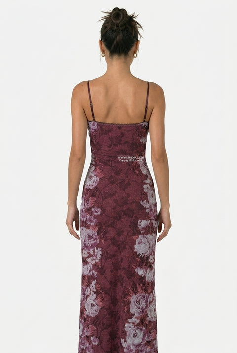 Maxikleid mit Blumenmuster in Burgund