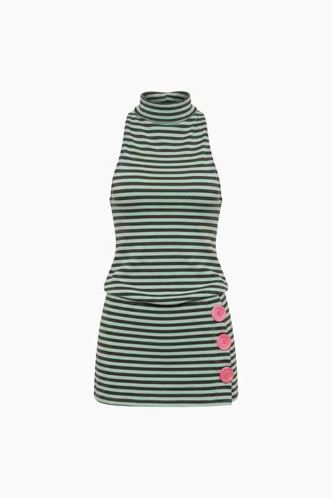 Green Striped Dress with Pink Buttons