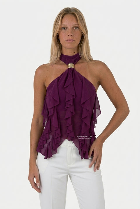 Haut court à franges en velours violet