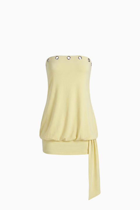 Vestido mini cai-cai com bordado inglês e cintura descaída