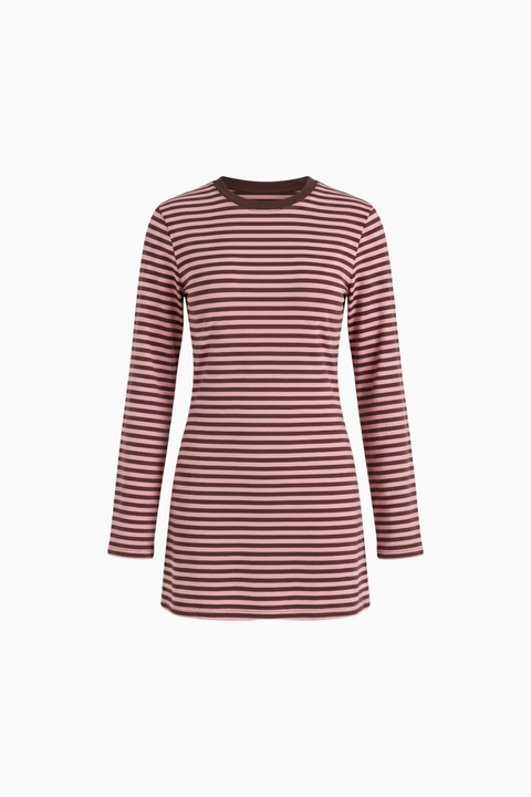 Kurzes Kleid mit rosa-braunen Streifen und langen Ärmeln