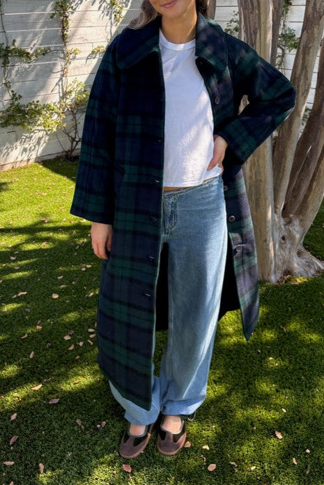 Maxi-Mantel mit Tartan-Karomuster und Knopfleiste