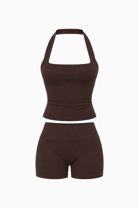 Espresso Brown Halter Top and Biker Short Set