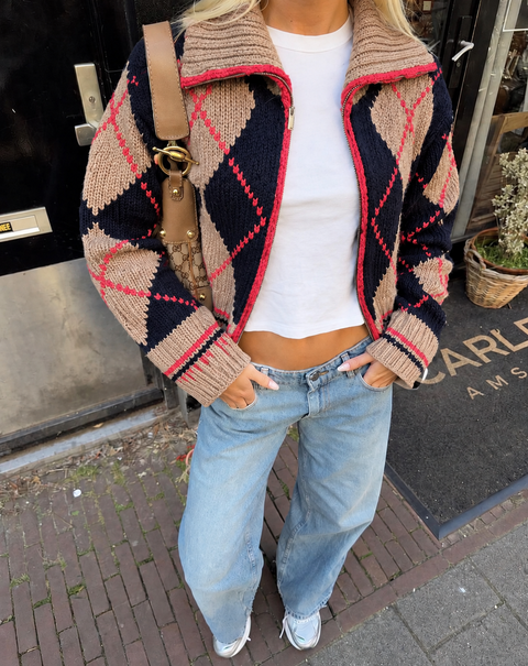 Argyle Pattern Zip Cardigan