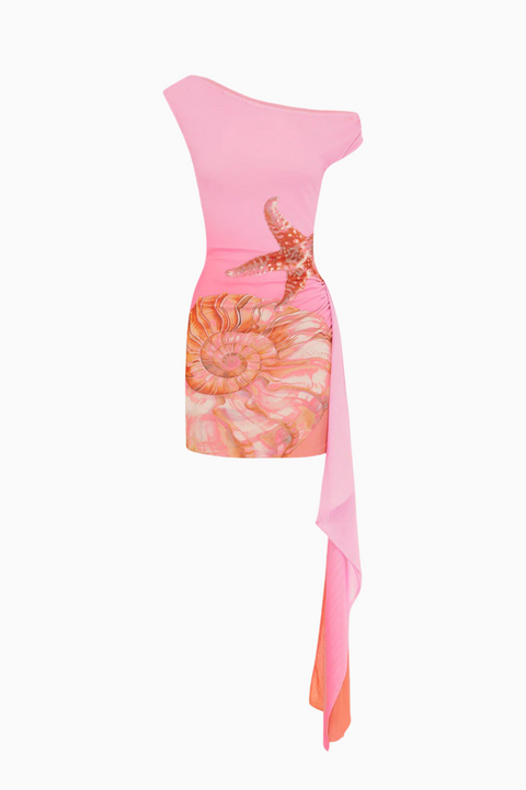 One-Shoulder-Minikleid mit drapierter Sternfisch-Grafik