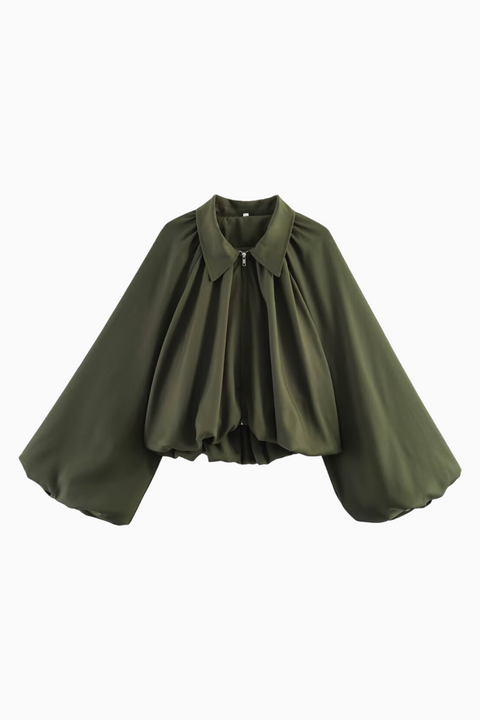 Veste courte à col zippée avec manches ballon et détails froncés
