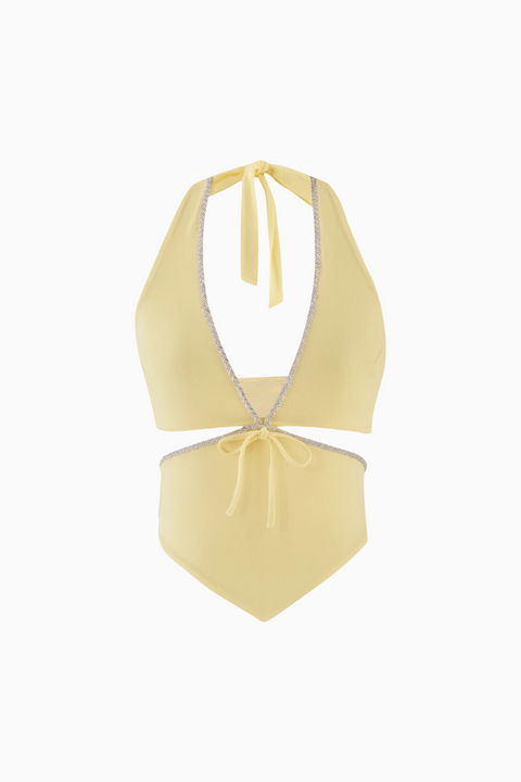 Gelbes geripptes Neckholder-Top mit Cut-Outs