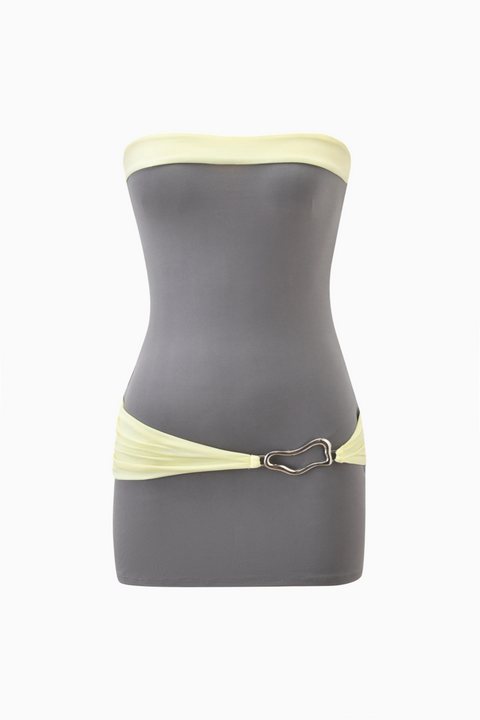 Graues Mini-Röhrenkleid mit gelbem Kontrastbesatz