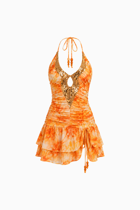 Robe courte dos nu à motifs avec découpes