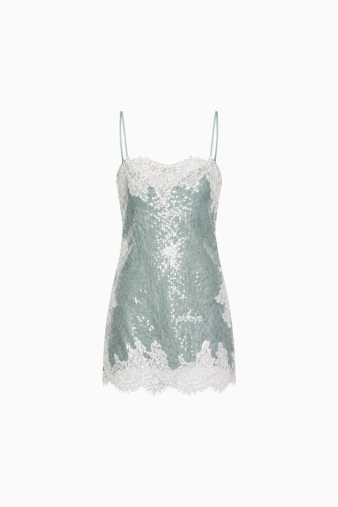 Scarlet Lace Trim Sequin Mini Dress