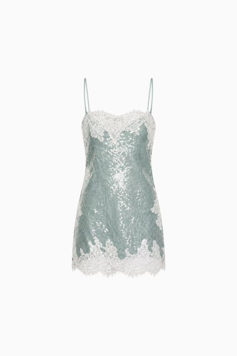 Scarlet Lace Trim Sequin Mini Dress