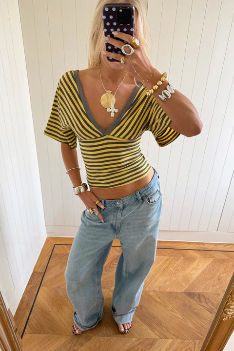 Yellow & Grey Striped V-Neck Crop Top