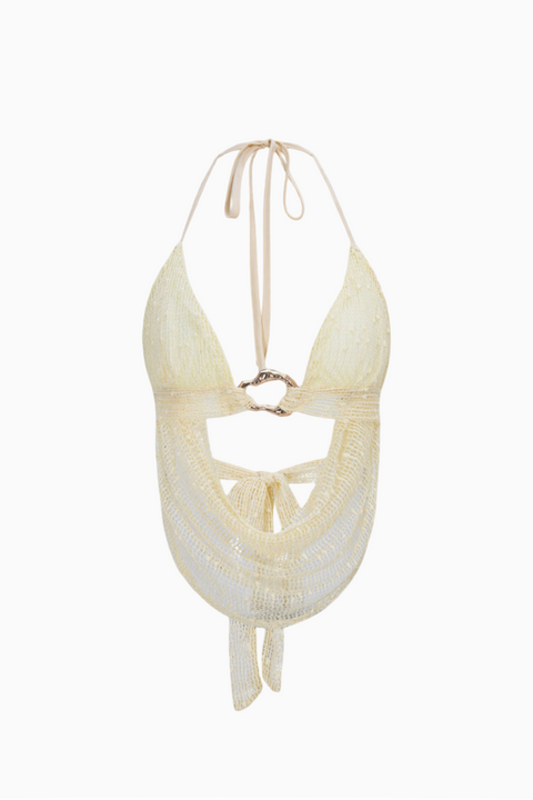 Cremefarbenes strukturiertes Neckholder-Crop-Top