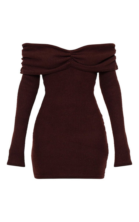 Chocolate Bardot Dress | | S | Agnese Studios