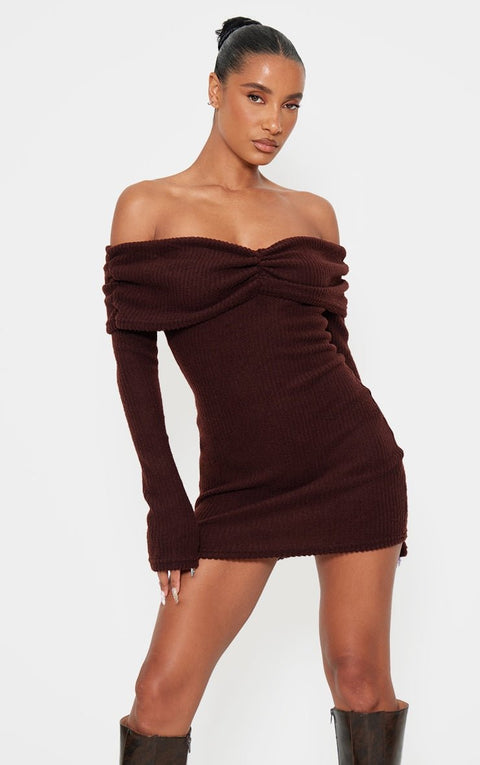 Chocolate Bardot Dress | | S | Agnese Studios