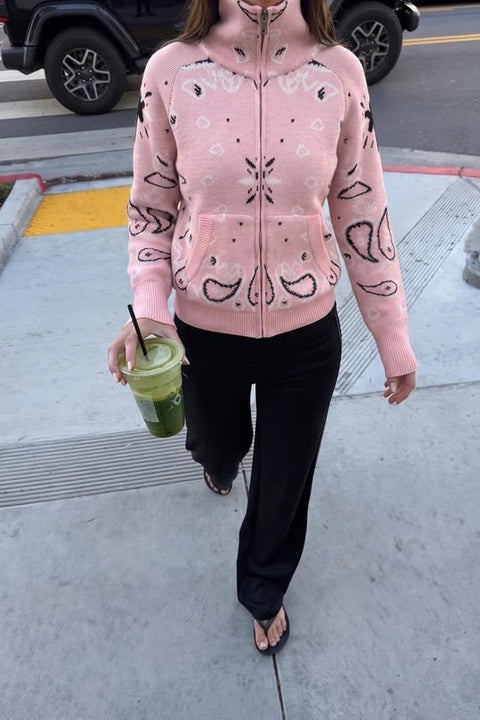 Paisley Motif Stand-Collar Cardigan