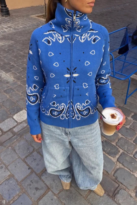 Paisley Motif Stand-Collar Cardigan