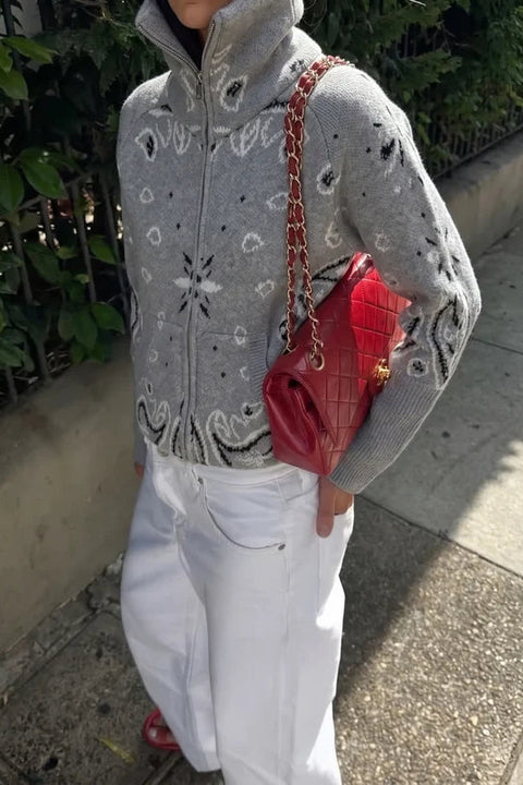 Paisley Motif Stand-Collar Cardigan