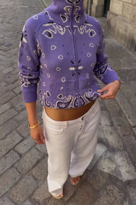 Paisley Motif Stand-Collar Cardigan