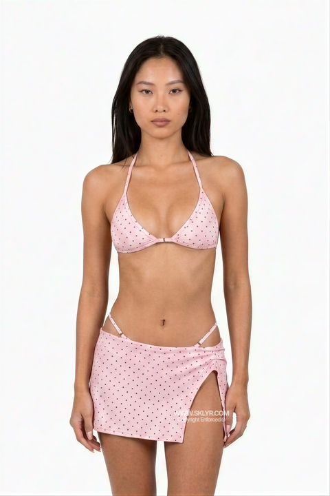Completo bikini rosa chiaro a pois a 3 pezzi con gonna