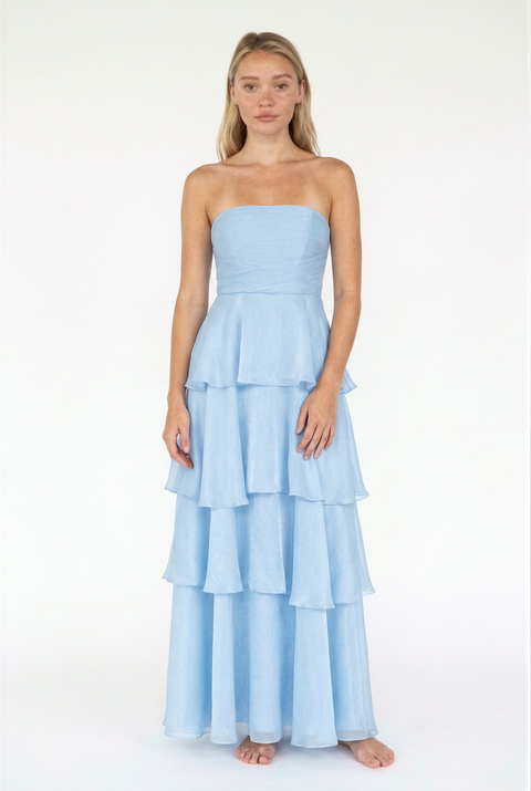 Vestido comprido azul-marinho sem alças com folhos em camadas
