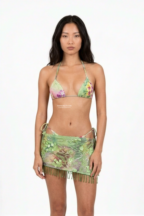 Geblümtes, Perlenbesetztes Fairy Bikini-Set (3-teilig)