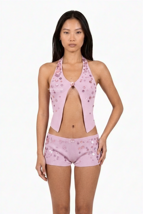Set con top all’americana e shorts in maglia decorata